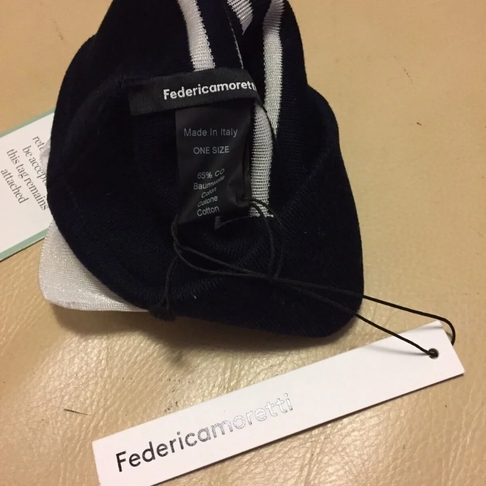 NWT FEDERICA MORETTI Navy Blue White Striped Bow BEANIE